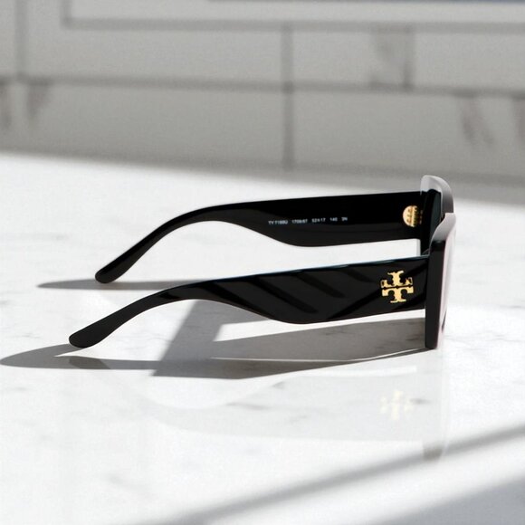 Tory Burch Kira Quilted Geometric Sunglasses | Black Acetate | Logo Gold Detail - Picture 16 of 16